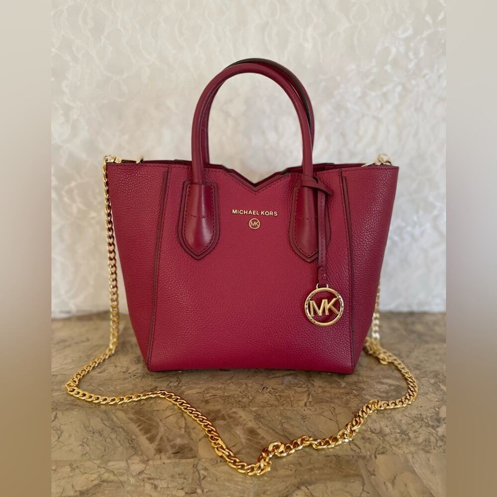 MICHAEL KORS cranberry hard pebble leather crossbody satchel tote